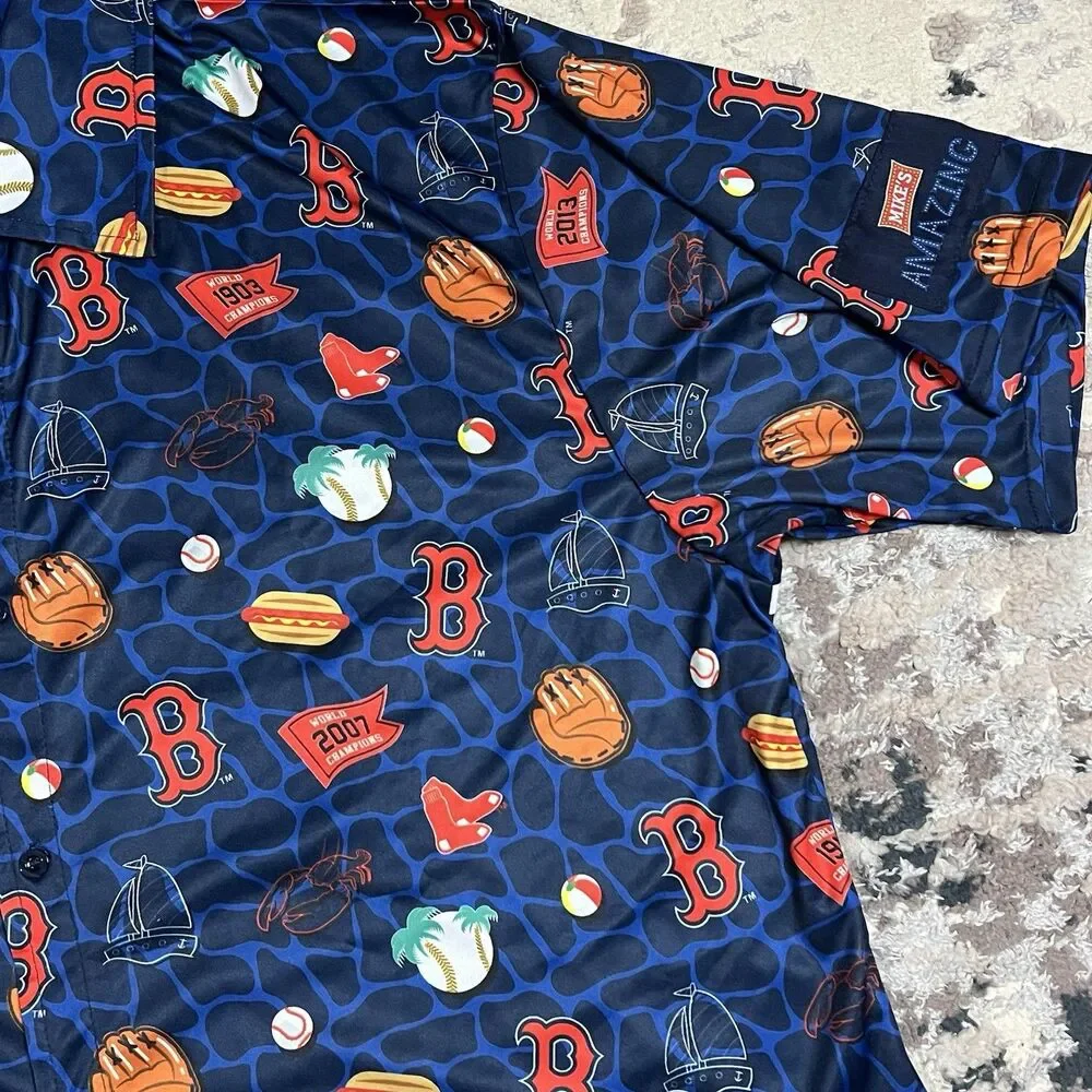 Boston Red Sox Shirt Mens XL Button Up Hawaiin Baseball Gloves Hotdogs Promo AOP - Picture 9 of 11